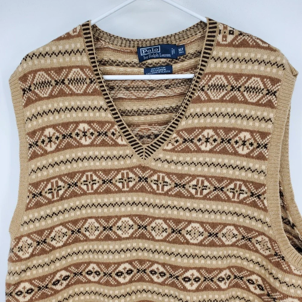 Polo Ralph Lauren Mens XLT Tall Fair Isle Knit Sweater‎ Vest Tan Brown Cashmere